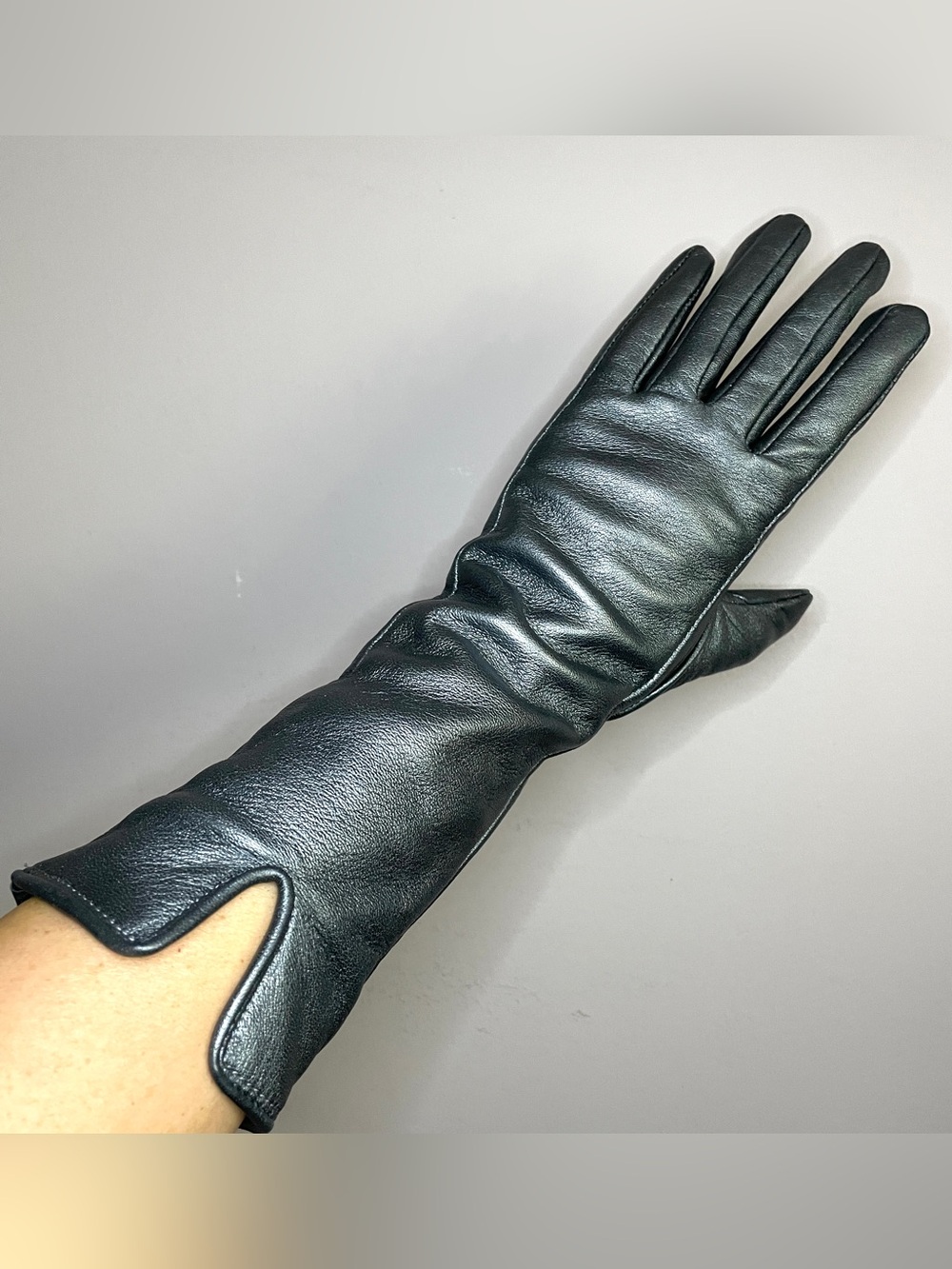Pewter Silvery Blue Long Leather Opera Gloves - XS/S